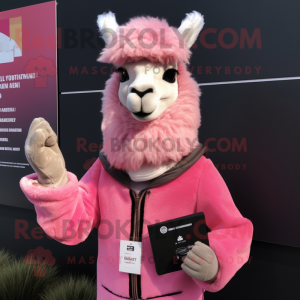 Pink Llama mascot costume character dressed with a Jacket and Gloves
