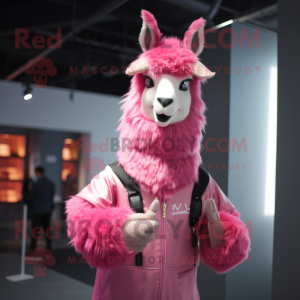 Pink Llama mascot costume character dressed with a Jacket and Gloves