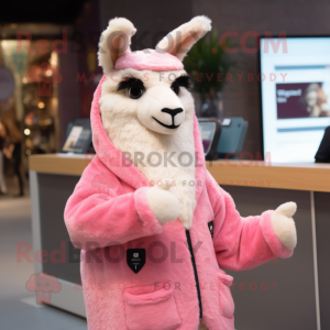 Pink Llama mascot costume character dressed with a Jacket and Gloves