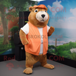 Peach Capybara mascot costume character dressed with a Joggers and Foot pads