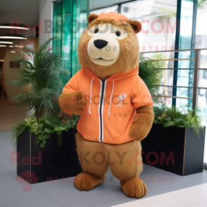 Peach Capybara mascot costume character dressed with a Joggers and Foot pads