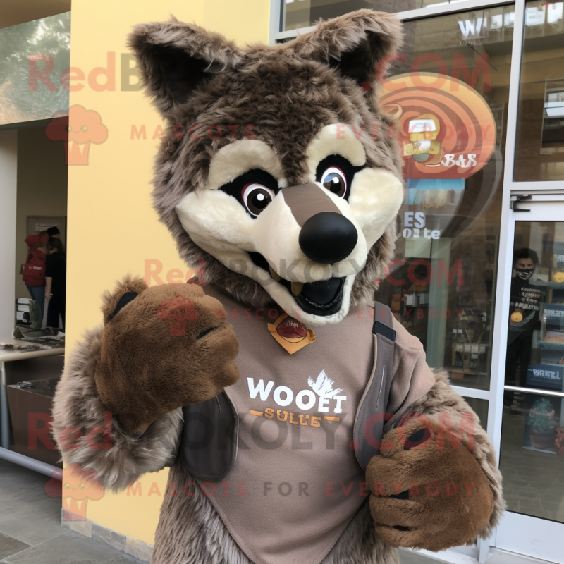 Brown Say Wolf mascot costume character dressed with a Romper and Scarves