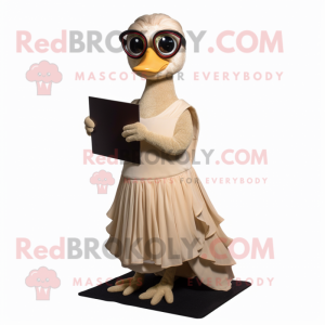 Tan Gosling mascot costume character dressed with a Evening Gown and Eyeglasses