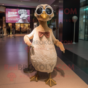 Tan Gosling mascot costume character dressed with a Evening Gown and Eyeglasses