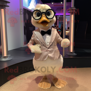 Tan Gosling mascot costume character dressed with a Evening Gown and Eyeglasses