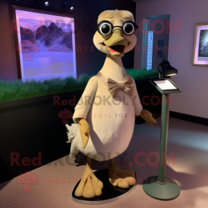 Tan Gosling mascot costume character dressed with a Evening Gown and Eyeglasses