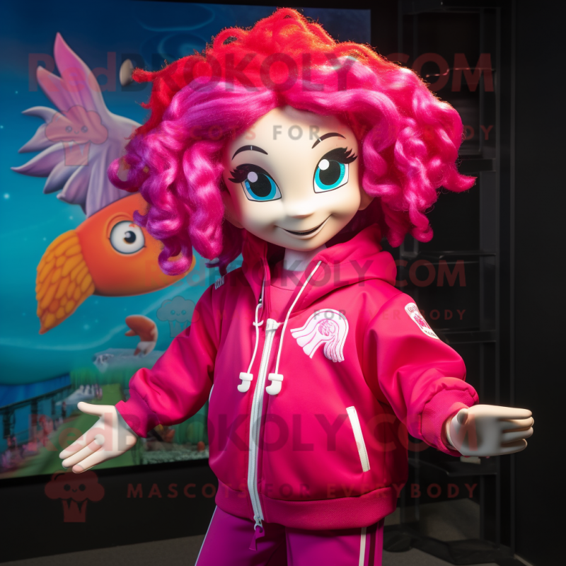 Magenta Mermaid mascot costume character dressed with a Windbreaker and Keychains