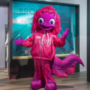 Magenta Mermaid mascot costume character dressed with a Windbreaker and Keychains
