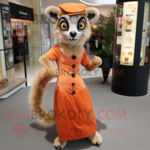 Peach Lemur mascot costume character dressed with a Empire Waist Dress and Lapel pins