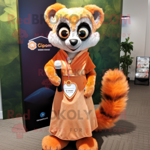 Peach Lemur mascot costume character dressed with a Empire Waist Dress and Lapel pins