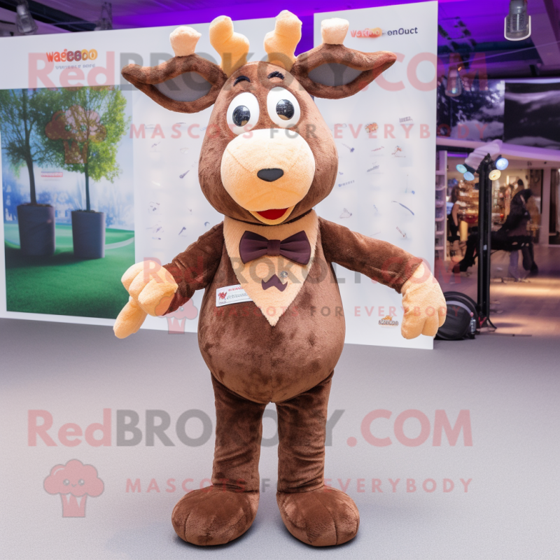 Brown Reindeer mascot costume character dressed with a Playsuit and Bow ties