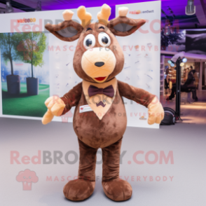 Brown Reindeer mascot costume character dressed with a Playsuit and Bow ties