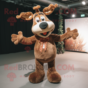 Brown Reindeer mascot costume character dressed with a Playsuit and Bow ties
