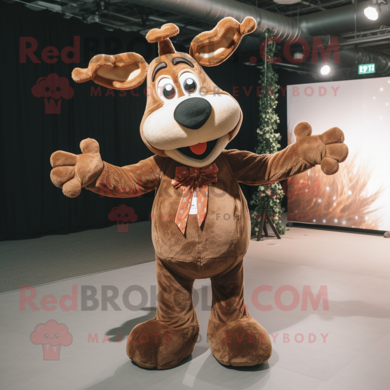 Brown Reindeer mascot costume character dressed with a Playsuit and Bow ties