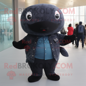 Black Whale mascot costume character dressed with a Jeans and Mittens