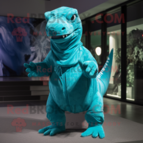 Turquoise Tyrannosaurus mascot costume character dressed with a Leggings and Wraps