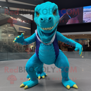 Turquoise Tyrannosaurus mascot costume character dressed with a Leggings and Wraps