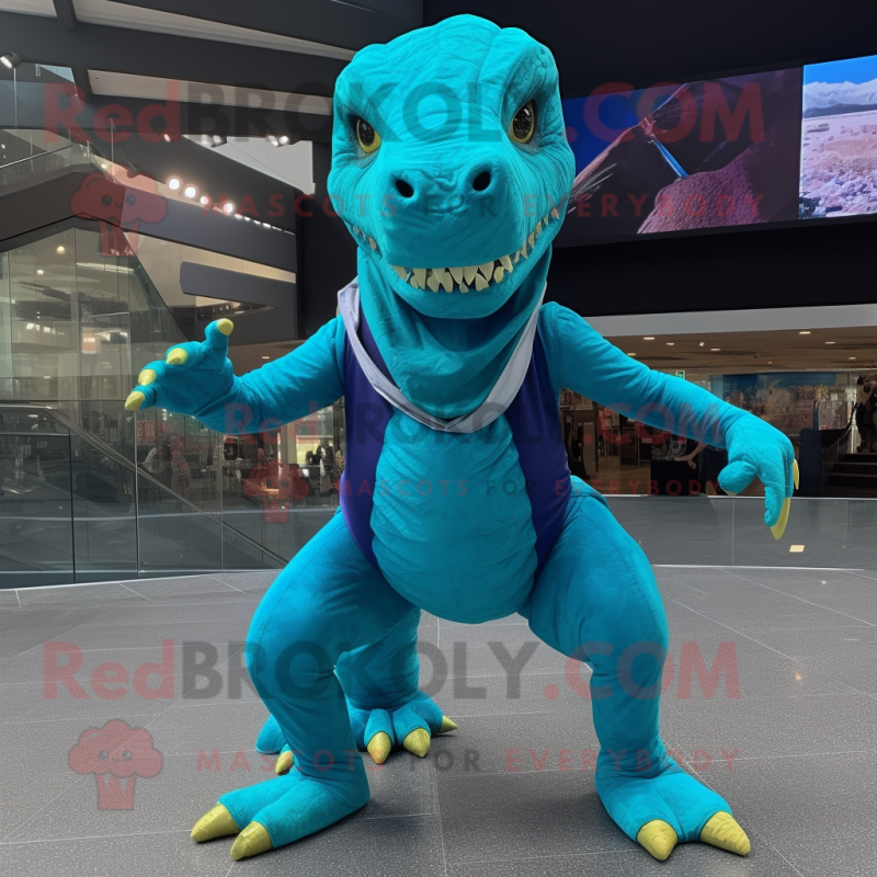 Turquoise Tyrannosaurus mascot costume character dressed with a Leggings and Wraps Turquoise Tyrannosaurus mascot costume character dressed with a Leggings and Wraps