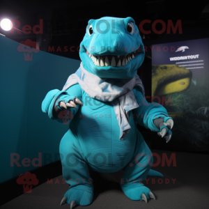 Turquoise Tyrannosaurus mascot costume character dressed with a Leggings and Wraps