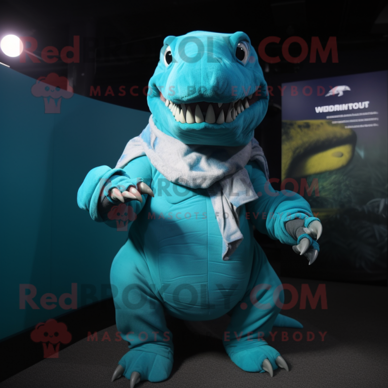 Turquoise Tyrannosaurus mascot costume character dressed with a Leggings and Wraps Turquoise Tyrannosaurus mascot costume character dressed with a Leggings and Wraps