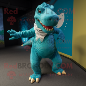 Turquoise Tyrannosaurus mascot costume character dressed with a Leggings and Wraps