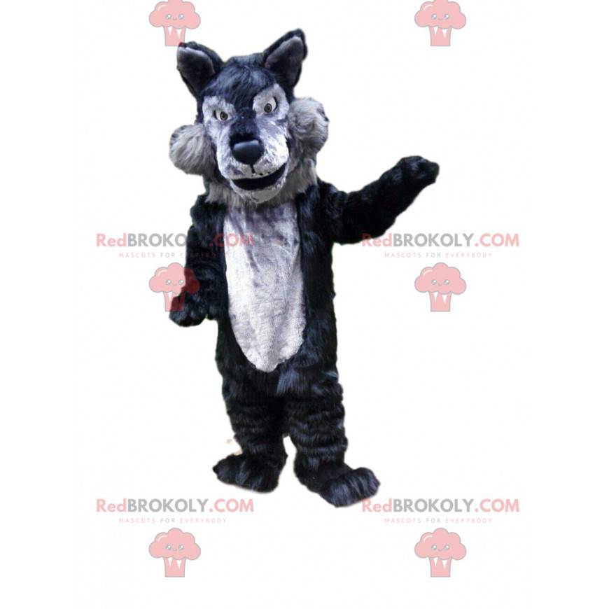 Mascotte lupo grigio e nero, costume da lupo, animale selvatico