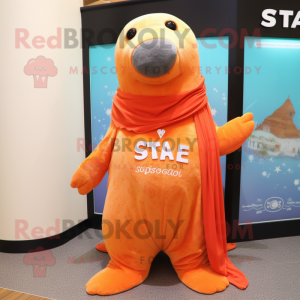 Orange Stellar'S Sea Cow mascot costume character dressed with a Flare Jeans and Shawls