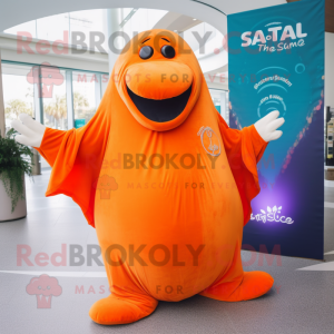 Orange Stellar'S Sea Cow mascot costume character dressed with a Flare Jeans and Shawls