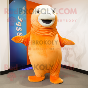 Orange Stellar'S Sea Cow mascot costume character dressed with a Flare Jeans and Shawls