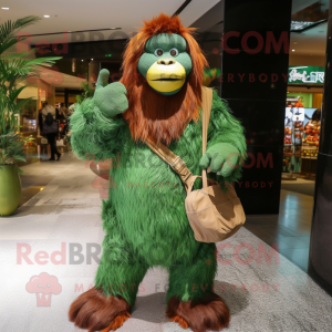 Forest Green Orangutan mascot costume character dressed with a Long Sleeve Tee and Clutch bags