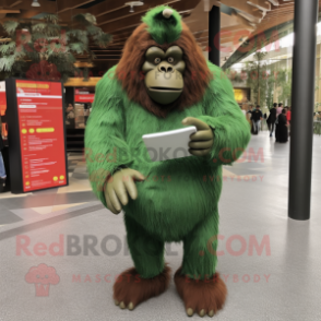 Forest Green Orangutan mascot costume character dressed with a Long Sleeve Tee and Clutch bags