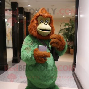 Forest Green Orangutan mascot costume character dressed with a Long Sleeve Tee and Clutch bags