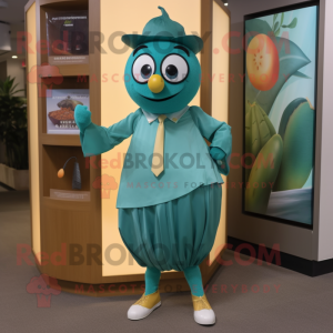 Teal Mango mascot costume character dressed with a Wrap Skirt and Cufflinks