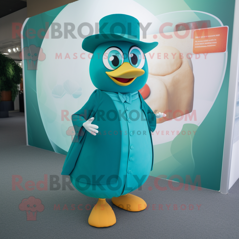 Teal Mango mascot costume character dressed with a Wrap Skirt and Cufflinks Teal Mango mascot costume character dressed with a Wrap Skirt and Cufflinks