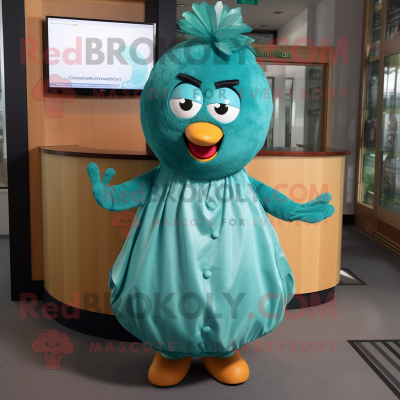 Teal Mango mascot costume character dressed with a Wrap Skirt and Cufflinks