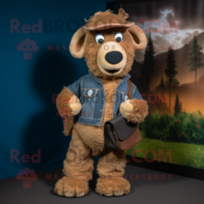 Brown Suffolk Sheep mascot costume character dressed with a Jeans and Cummerbunds