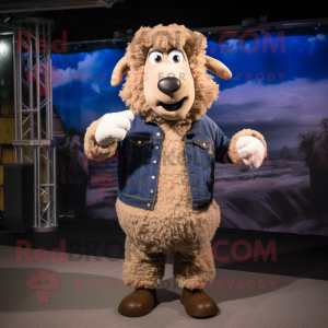Brown Suffolk Sheep mascot costume character dressed with a Jeans and Cummerbunds