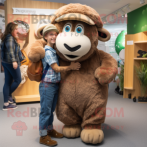 Brown Suffolk Sheep mascot costume character dressed with a Jeans and Cummerbunds