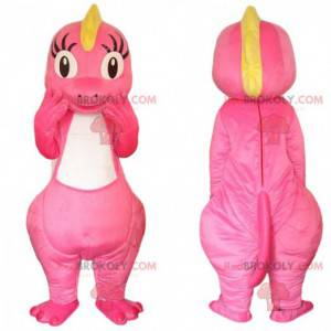 Pink and yellow dinosaur mascot, pink dragon costume -