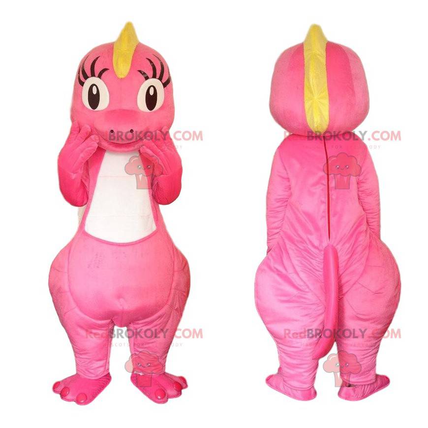Mascota de dinosaurio rosa y amarillo, disfraz de dragón rosa -