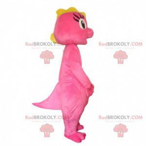 Mascotte de dinosaure rose et jaune, costume de dragon rose -