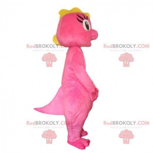 Pink and yellow dinosaur mascot, pink dragon costume -