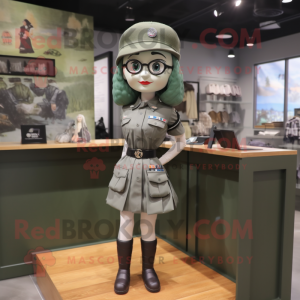 Gray Green Beret mascot costume character dressed with a Mini Skirt and Berets