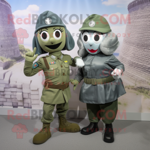 Gray Green Beret mascot costume character dressed with a Mini Skirt and Berets