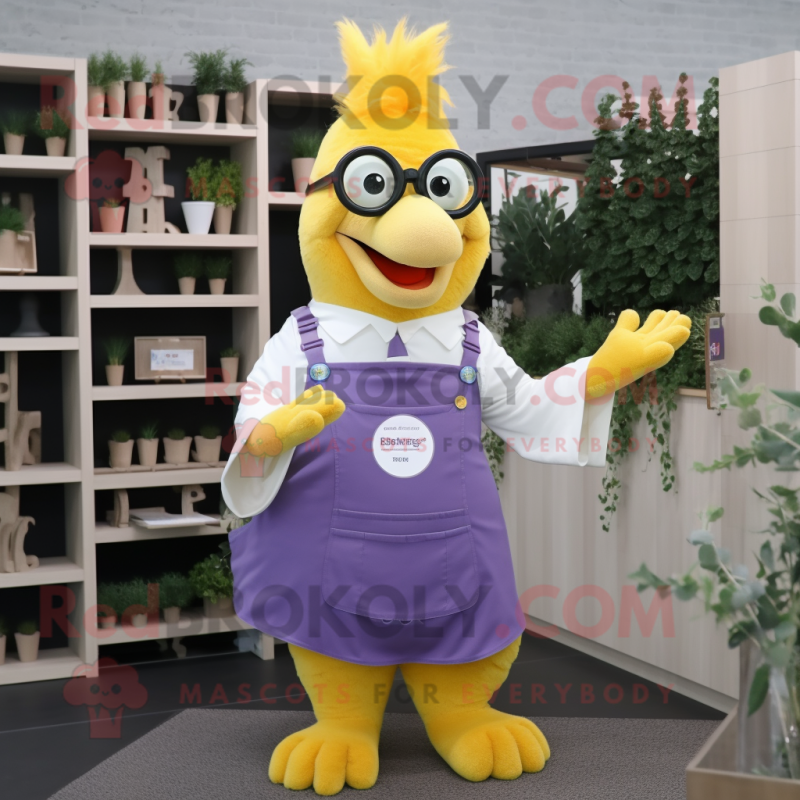 Lavender Butter Chicken mascot costume character dressed with a Dungarees and Reading glasses Lavender Butter Chicken mascot costume character dressed with a Dungarees and Reading glasses