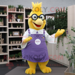 Lavender Butter Chicken mascot costume character dressed with a Dungarees and Reading glasses