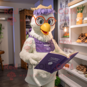 Lavender Butter Chicken mascot costume character dressed with a Dungarees and Reading glasses