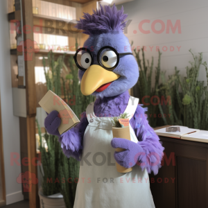 Lavender Butter Chicken mascot costume character dressed with a Dungarees and Reading glasses