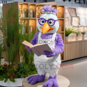 Lavender Butter Chicken mascot costume character dressed with a Dungarees and Reading glasses