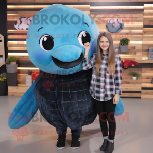 Black Blue Whale mascot costume character dressed with a Flannel Shirt and Hair clips